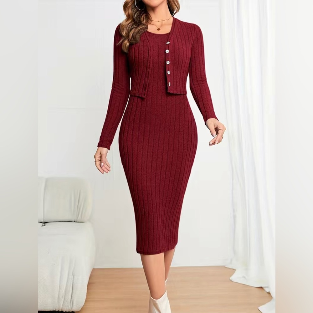 Solid Ribbed Two-piece Set, Button Front Long Sleeve Cardigan & Sleeveless Body